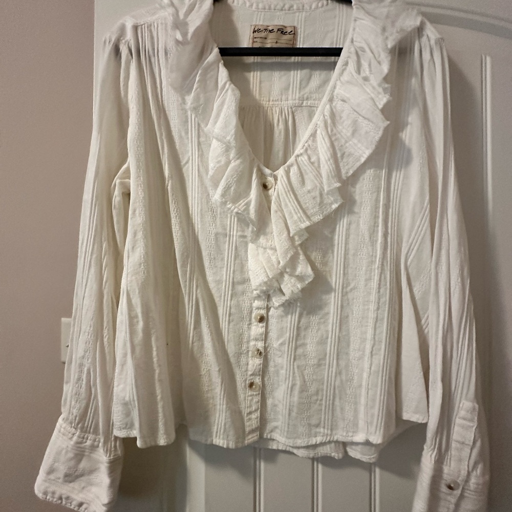 We The Free Cream Ruffle Button-Up Blouse